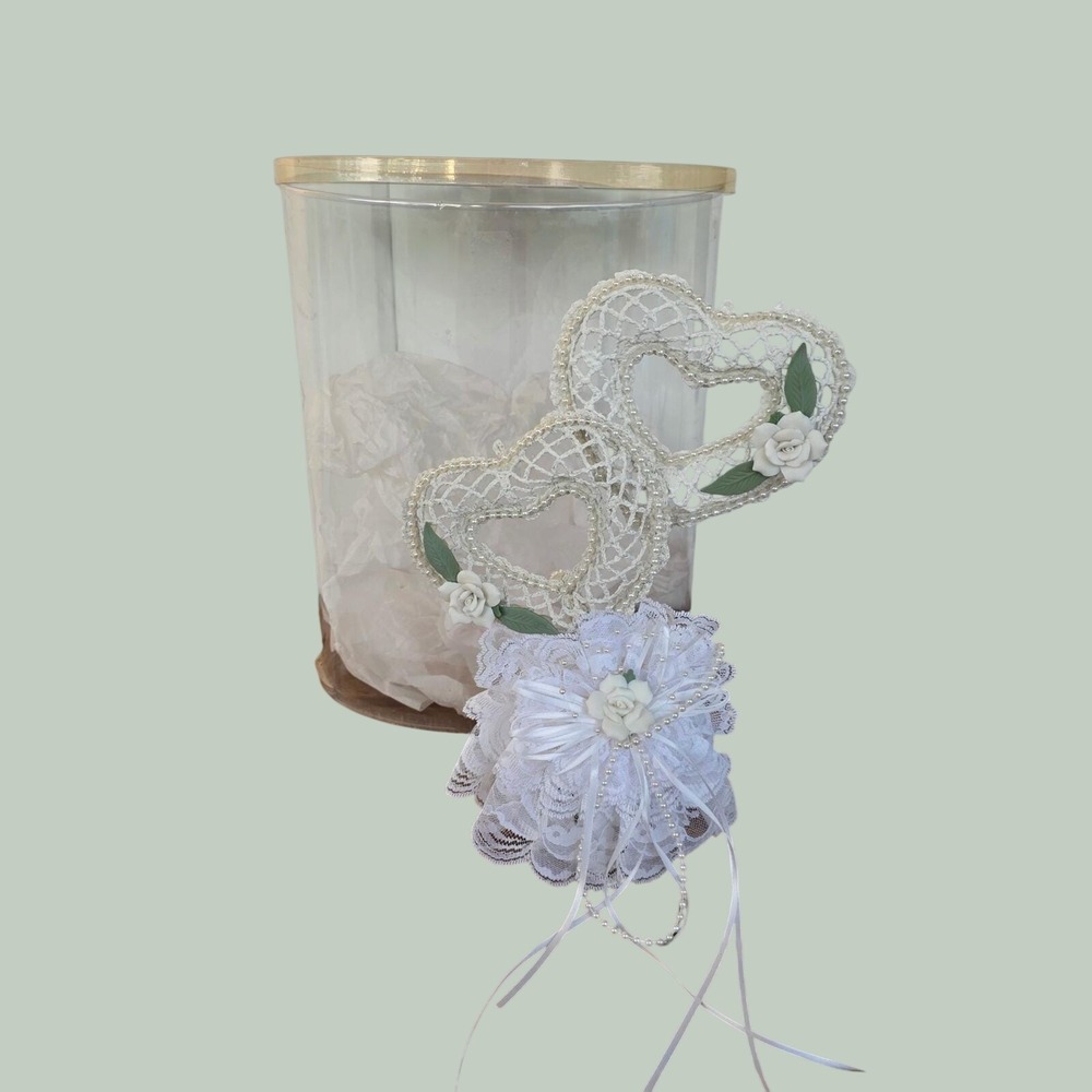 White Double Heart Lace Wedding Cake Topper Pearl lillian Rose porcelain w/box